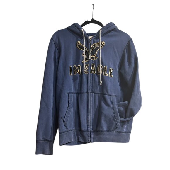 American Eagle Men’s Vintage Blue Full-Zip Hoodie Sz M Spell Out Y2K Cozycore - Picture 2 of 8